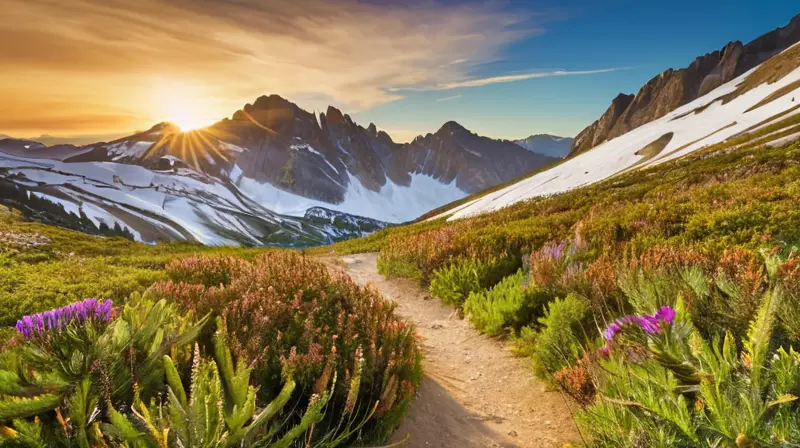 Un paisaje montañoso de la Sierra Nevada con picos nevados, valles verdes, senderos rocosos y un ambiente de aventura