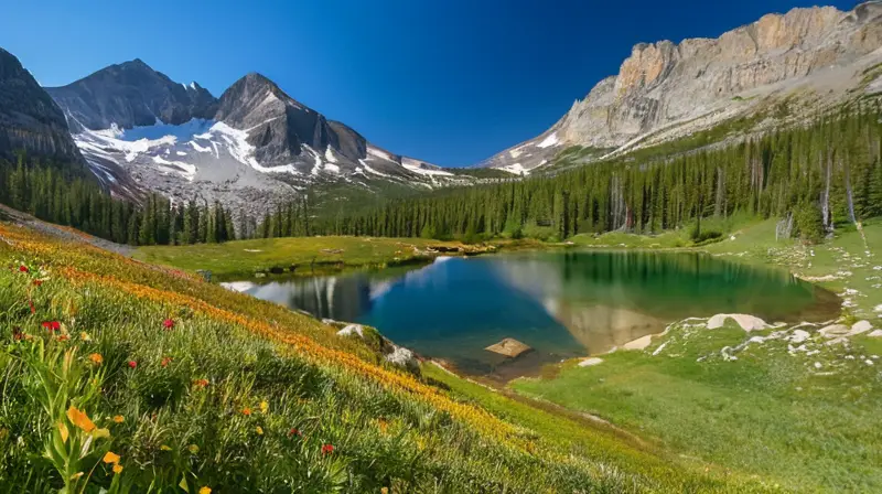 Un paisaje montañoso impresionante con picos nevados, praderas verdes, senderos rocosos y vida silvestre