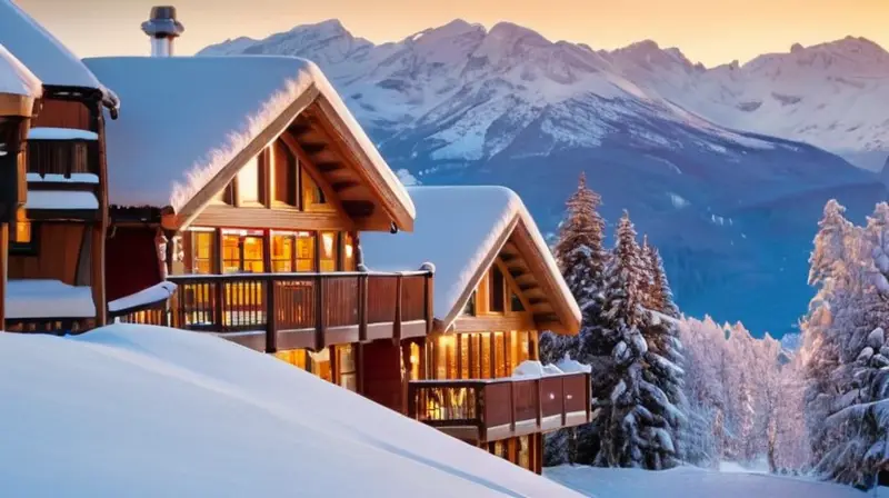 Un paisaje invernal vibrante con cabañas de madera, luces brillantes, esquiadores coloridos y un ambiente acogedor lleno de risas y chocolate caliente