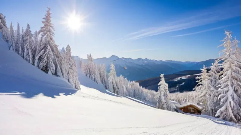 Un paisaje invernal vibrante con esquiadores en laderas nevadas, cabañas acogedoras y montañas distantes bajo un cielo azul