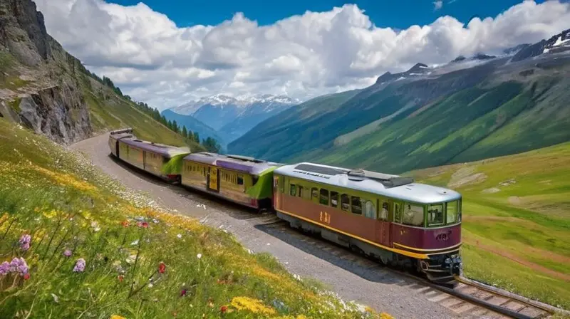 Un tren de vía estrecha recorre un paisaje montañoso con prados verdes y flores