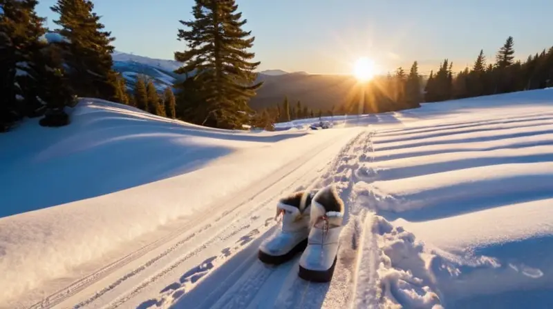 Un paisaje invernal con nieve, un trineo de madera, guantes y botas, árboles cubiertos de nieve y un cielo azul, invita a la aventura