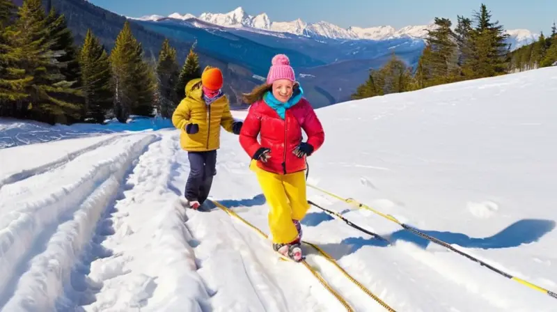 Un día de invierno alegre con familias deslizándose por pendientes nevadas bajo un cielo azul y soleado