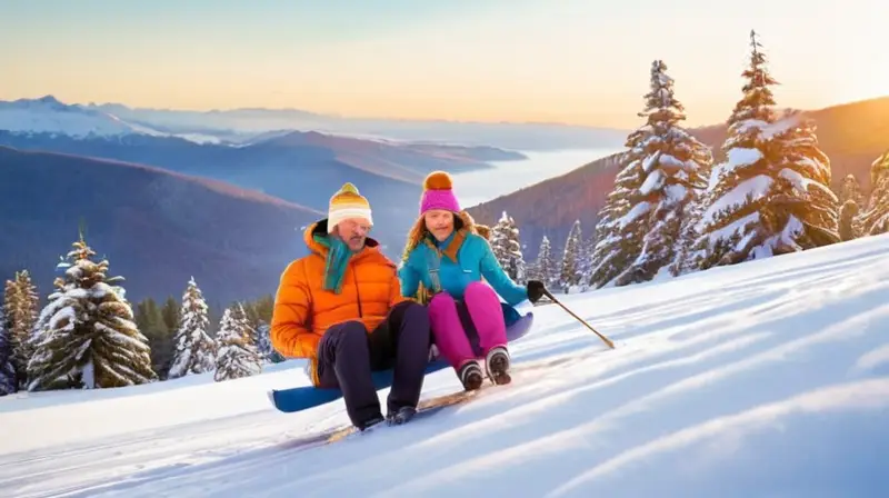 Un paisaje invernal lleno de familias jugando en la nieve bajo un cielo azul y soleado