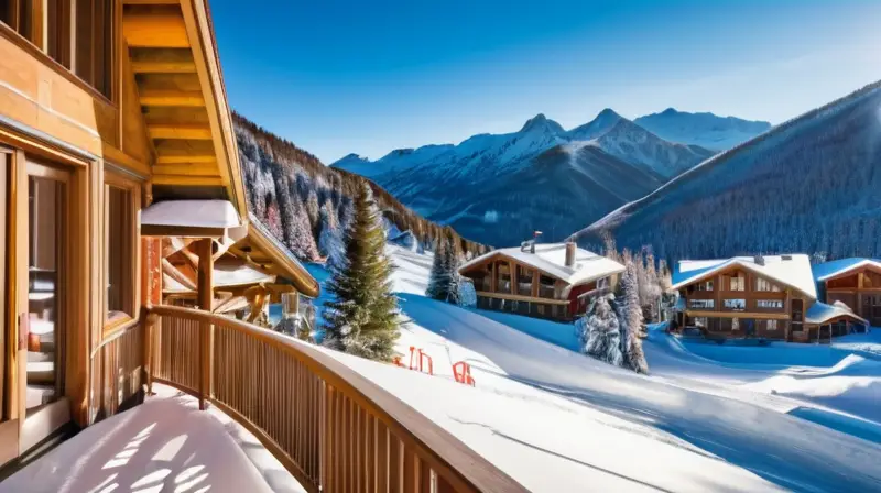 Un paisaje invernal con laderas nevadas, un acogedor refugio de esquí y esquiadores coloridos en acción