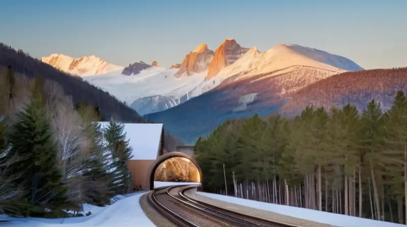 Montañas nevadas con un cielo azul, un túnel ferroviario moderno, esquiadores en movimiento y cabañas de madera, todo en un ambiente sereno y armonioso