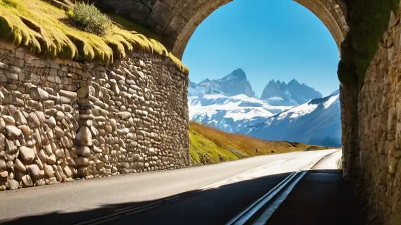 Entrada de un túnel ferroviario arqueado rodeado de montañas nevadas y un paisaje alpino iluminado por la luz suave