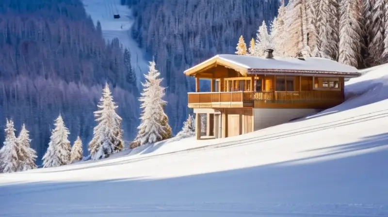 Un vibrante resort de esquí con paisajes nevados, esquiadores emocionados y acogedoras cabañas de madera