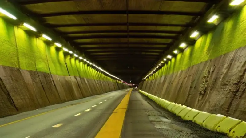 Una entrada de túnel amplia con paredes de piedra, maquinaria pesada, trabajadores en chalecos reflectantes y un ambiente de construcción activo