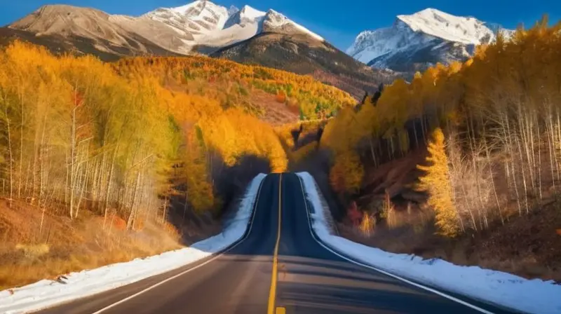 Un paisaje montañoso con picos nevados, un túnel moderno y vehículos esperando, todo bajo un cielo azul y colores vibrantes de otoño