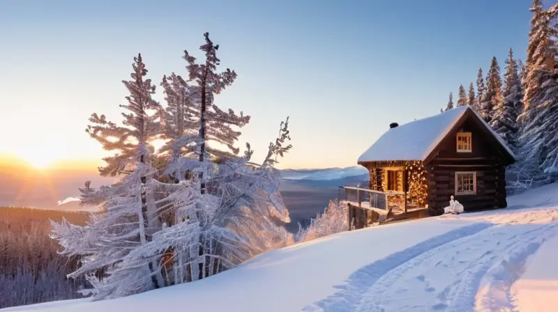 Un paisaje invernal sereno con nieve suave, árboles perennes, un estanque helado y una cabaña de madera humeante