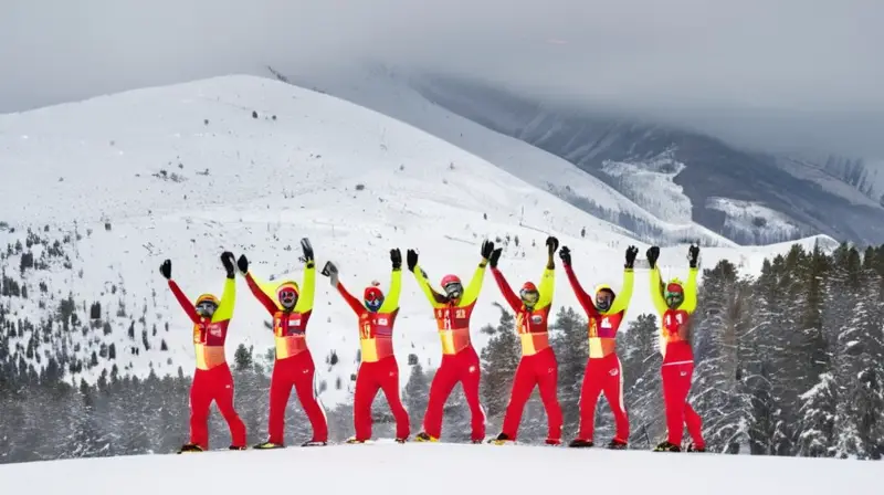 Atletas en uniformes vibrantes compiten en un paisaje nevado de España