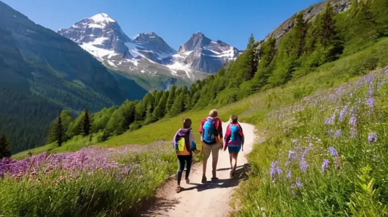 Una familia de cuatro disfruta de una caminata en un paisaje montañoso soleado