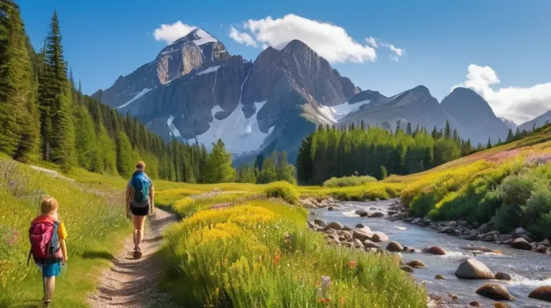 Una familia de cuatro disfruta de una caminata en un paisaje montañoso soleado, rodeada de naturaleza y con un ambiente de aventura