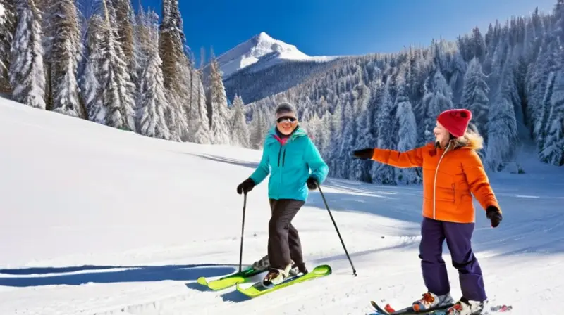 Un paisaje invernal con montañas nevadas, familias felices, esquí, y la calidez de un lodge acogedor