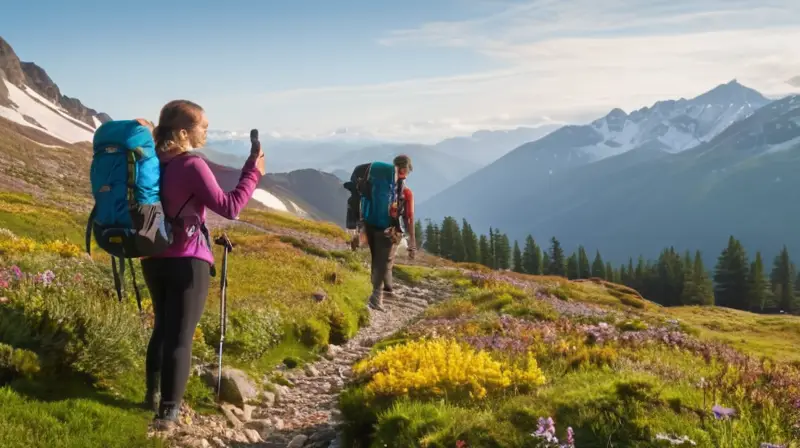 Una familia de cuatro disfruta de una caminata en un paisaje montañoso soleado, rodeada de naturaleza y risas