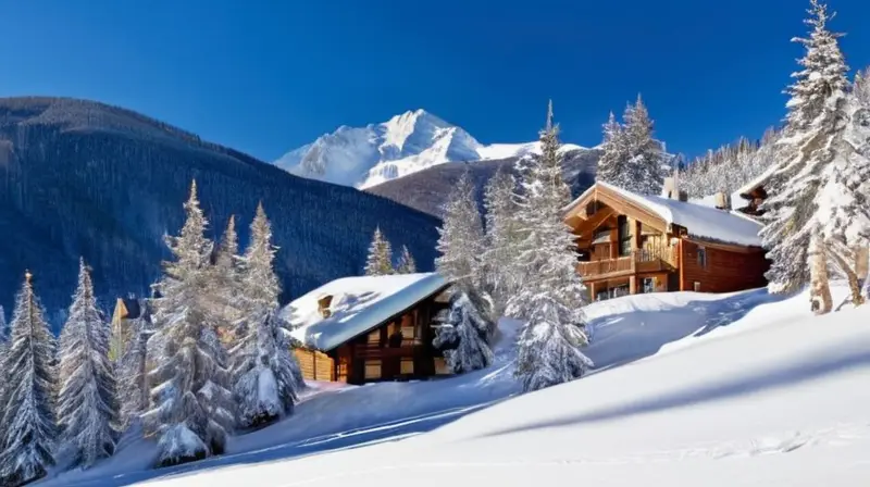 Un día perfecto de invierno en Vail, con montañas nevadas, esquiadores en acción y acogedoras cabañas