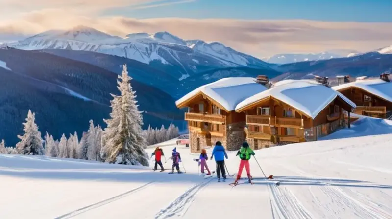 Un paisaje invernal idílico con montañas, nieve, familias esquiando y un ambiente acogedor