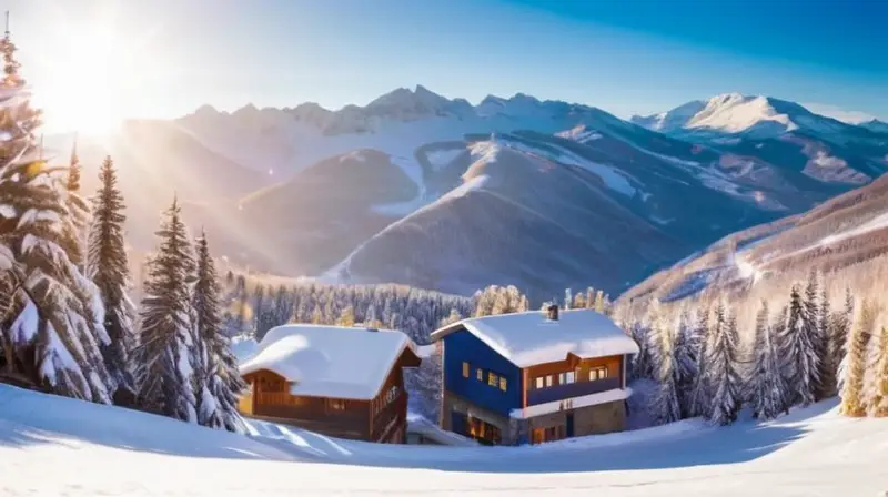 Un acogedor resort de esquí familiar en los Pirineos, con paisajes nevados, esquiadores felices y chalets de madera