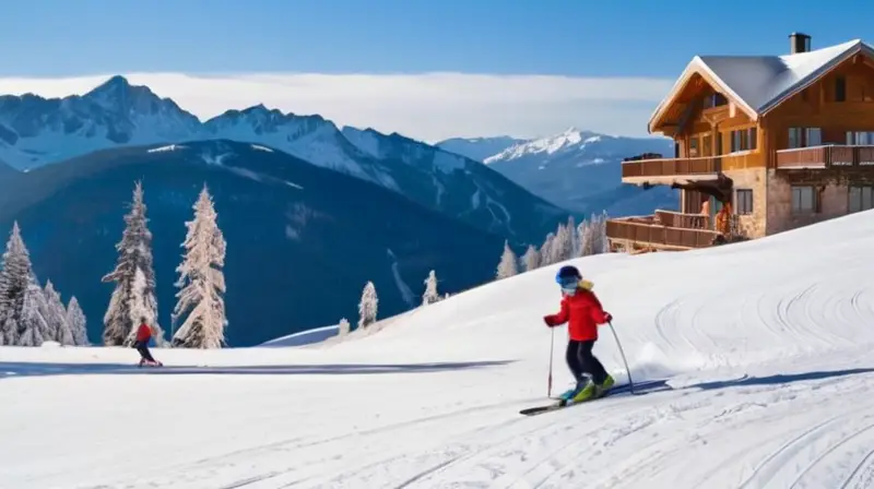 Un paisaje invernal vibrante con familias esquiando, nieve brillante, árboles cubiertos de nieve y chalets acogedores