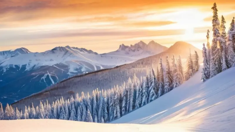 Un paisaje invernal con montañas nevadas, esquiadores en acción y cabañas acogedoras