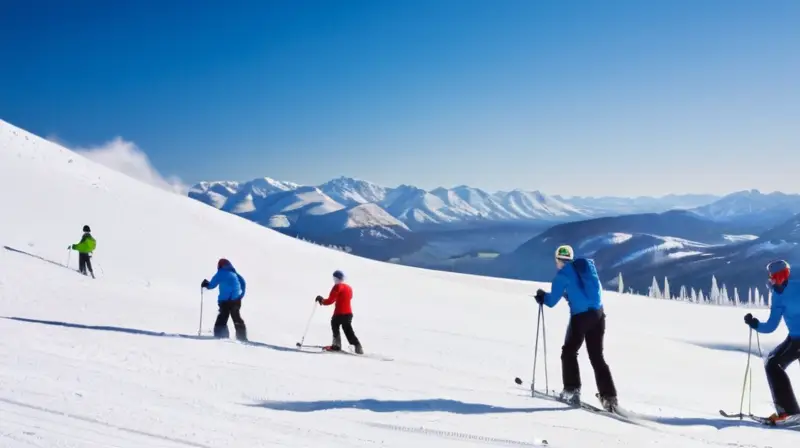 Un paisaje invernal con esquiadores en colinas nevadas y un acogedor refugio de madera