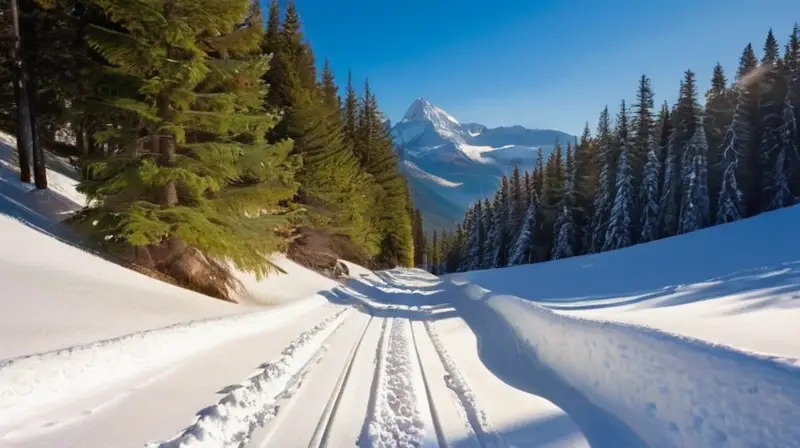 Un paisaje invernal vibrante con esquiadores, nieve brillante, montañas lejanas y un ambiente alegre