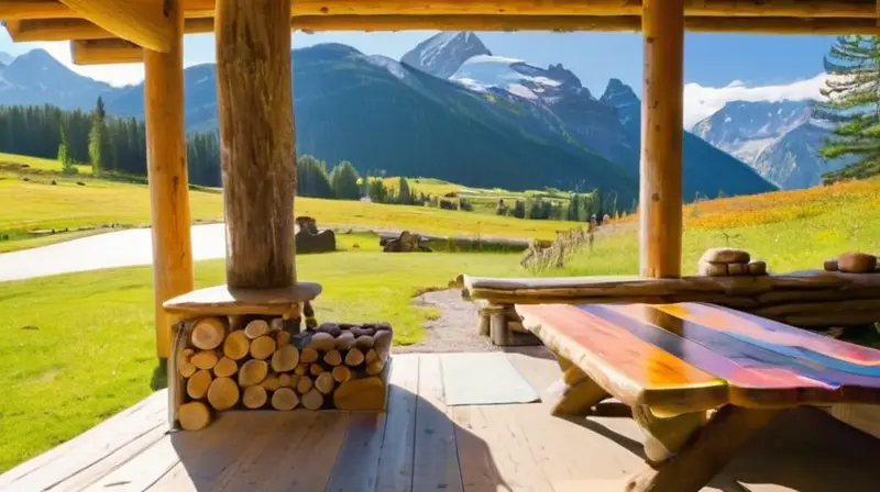 Un paisaje alpino soleado con prados verdes, flores silvestres, montañas nevadas, un acogedor refugio de esquí y familias disfrutando de actividades al aire libre