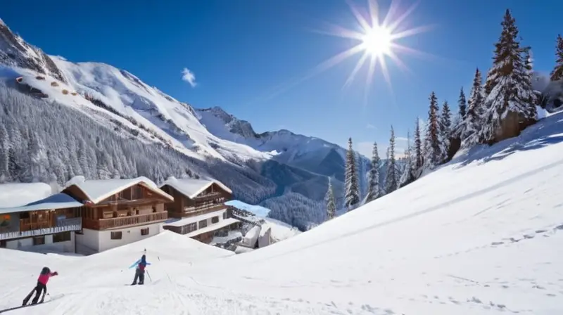 Un paisaje invernal con esquiadores en laderas nevadas, montañas al fondo y cabañas acogedoras