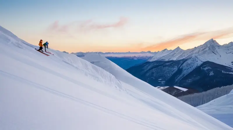 Un paisaje alpino invernal con esquiadores vibrantes, montañas majestuosas y cabañas acogedoras