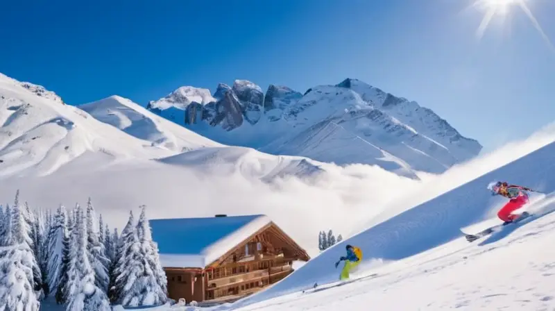 Un paisaje invernal vibrante con esquiadores en acción, montañas nevadas y cabañas acogedoras bajo un cielo azul