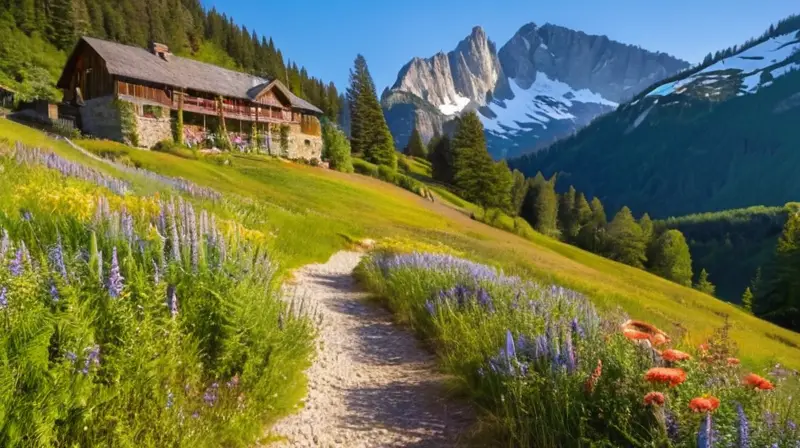 Un paisaje natural impresionante con valles verdes, montañas, flores silvestres y cabañas rústicas