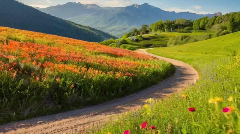 Un paisaje vibrante de valles verdes, colinas, flores silvestres y ciclistas pedaleando bajo un cielo azul