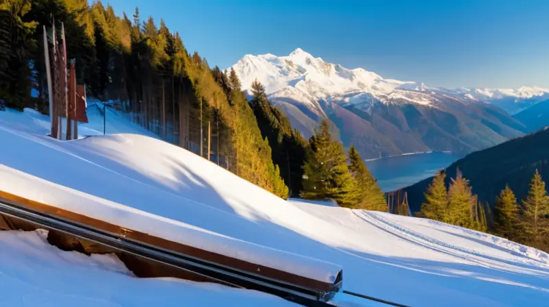 Montañas nevadas se alzan majestuosamente bajo un cielo azul, con esquiadores coloridos y un ambiente vibrante de deportes de invierno