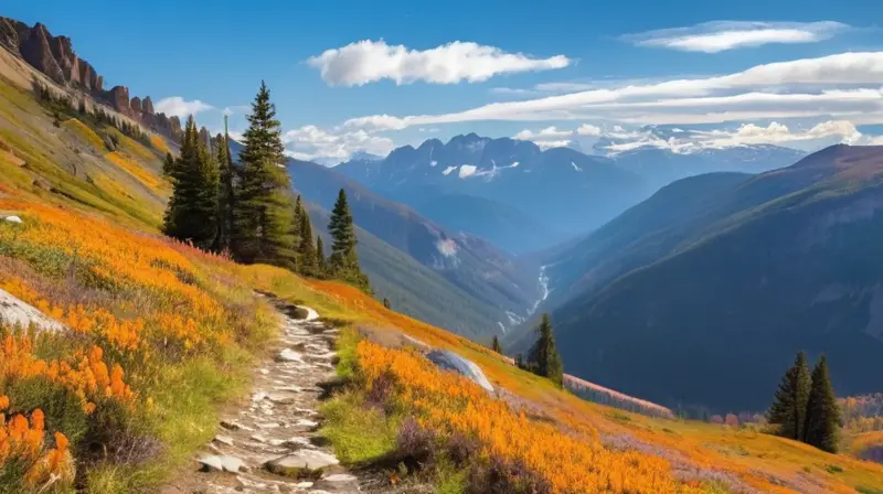 Un paisaje natural vibrante con valles verdes, montañas nevadas, senderos, follaje otoñal y un cielo azul sereno invita a la exploración