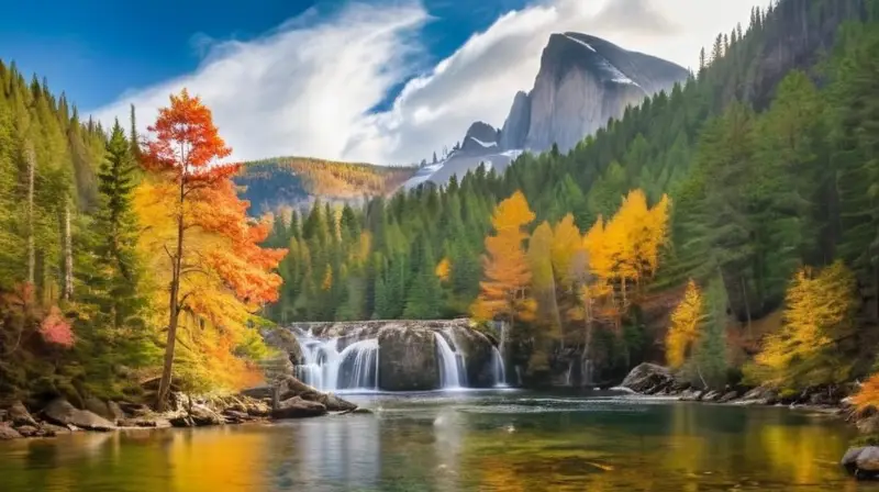 Un valle verde y sereno con árboles altos, cascadas, agua cristalina y un paisaje otoñal vibrante