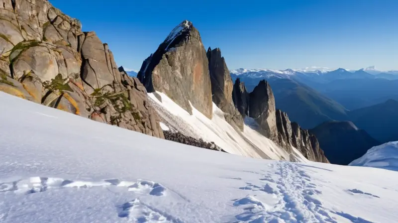 Un grupo de escaladores lucha contra el viento en un impresionante paisaje montañoso cubierto de nieve y hielo