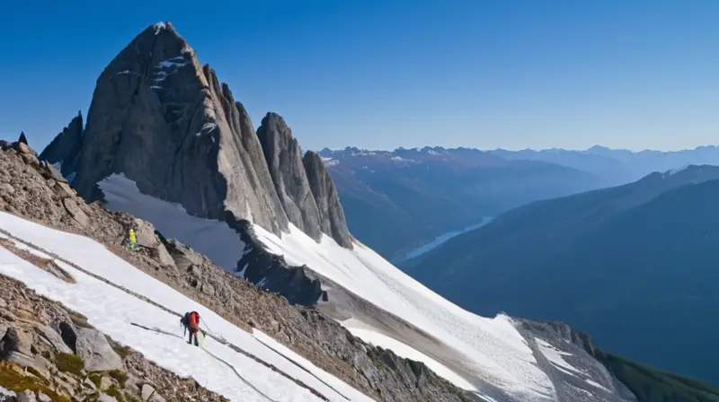 Un majestuoso pico nevado con escaladores en colorido equipo asciende por empinadas laderas rocosas bajo un cielo azul