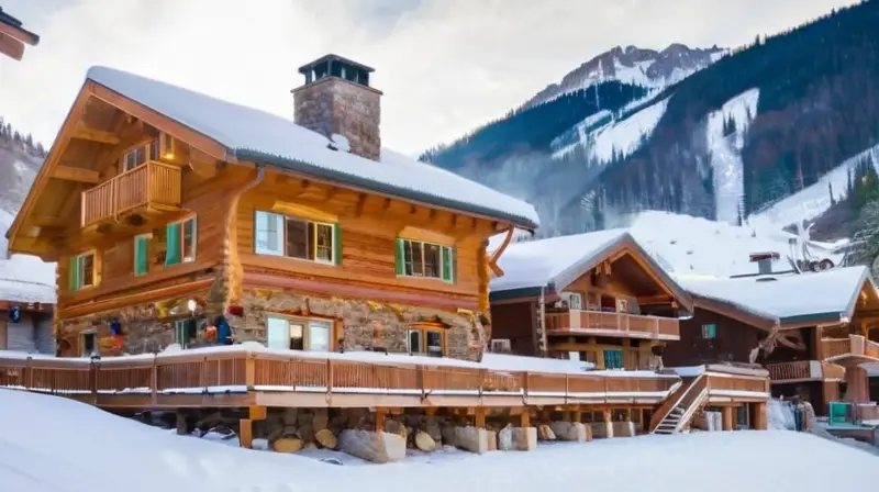 Un acogedor resort de esquí familiar con cabañas nevadas, risas de niños y un paisaje montañoso