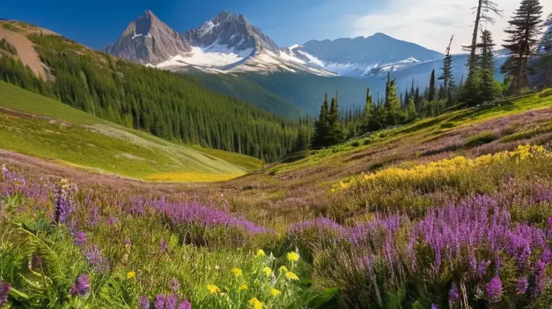 Un paisaje natural vibrante con vegetación densa, flores coloridas, montañas nevadas y luz suave