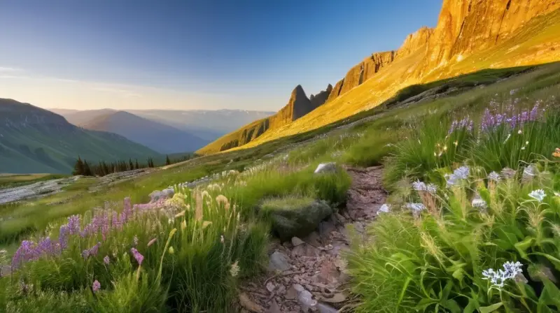 Un paisaje montañoso con hierbas verdes, flores silvestres, rocas, plantas alpinas y un cielo azul que evoca tranquilidad y naturaleza virgen