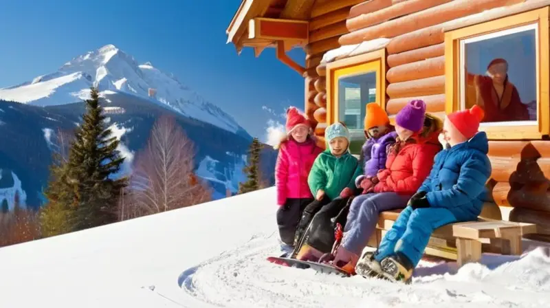 Un paisaje invernal alegre con niños jugando en la nieve, montañas cubiertas de nieve y familias disfrutando de un cálido refugio