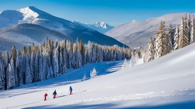 Un paisaje invernal con nieve, esquiadores, árboles cubiertos de blanco y cabañas acogedoras