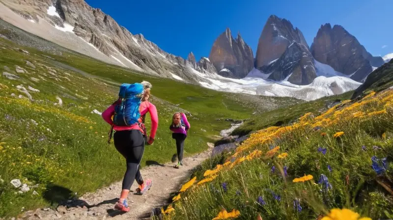 Un paisaje montañoso vibrante con corredores enérgicos y un ambiente de aventura