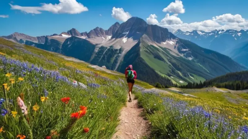 Un paisaje montañoso vibrante y dinámico, lleno de atletas en acción, naturaleza colorida y un ambiente emocionante