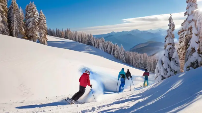 Un paisaje invernal vibrante con montañas nevadas, esquiadores, familias felices y acogedoras cabañas de madera