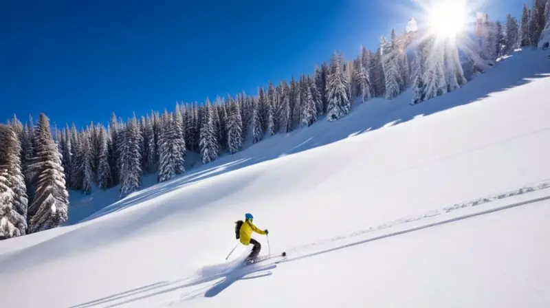 Esquidores en coloridos trajes disfrutan de un día soleado en laderas nevadas