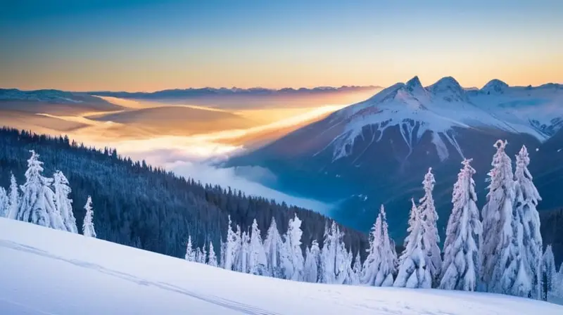 Un vibrante paisaje invernal con esquiadores y snowboarders disfrutando en un entorno de nieve, montañas y un acogedor lodge