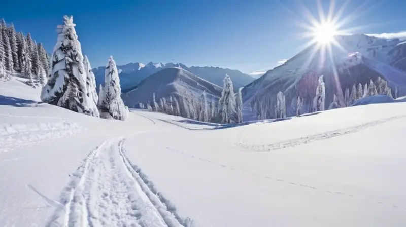 Un paisaje invernal idílico con montañas nevadas, esquiadores coloridos y cabañas acogedoras