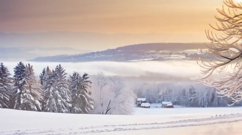 Un paisaje invernal cubierto de nieve, con un cielo gris, casas acogedoras y un ambiente sereno